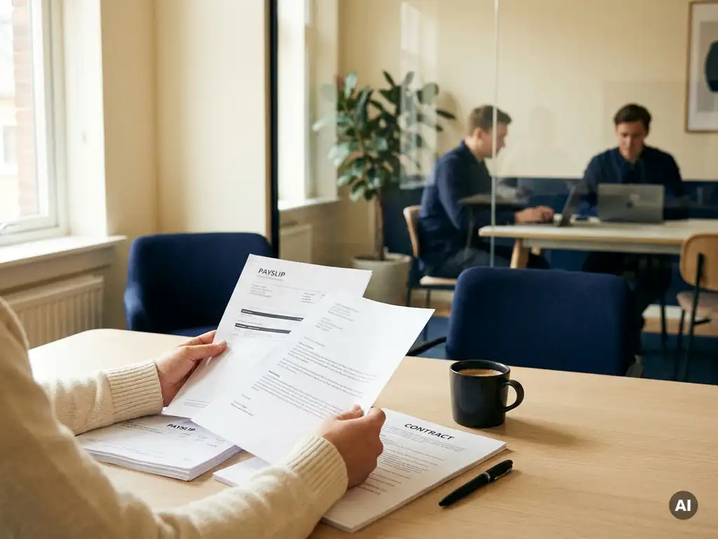 Freelancer bekijkt loonstroken en arbeidscontracten op modern bureau, klein team op de achtergrond, warm natuurlijk licht.