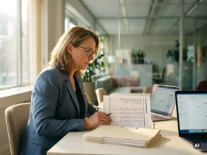 HR-professional die salarisoverzicht bestudeert naast personeelsdossiers op modern kantoorbureau, zachte natuurlijke belichting.