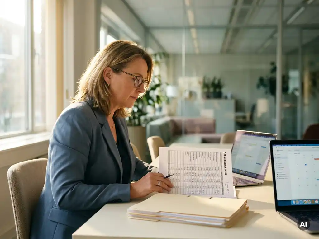 HR-professional die salarisoverzicht bestudeert naast personeelsdossiers op modern kantoorbureau, zachte natuurlijke belichting.