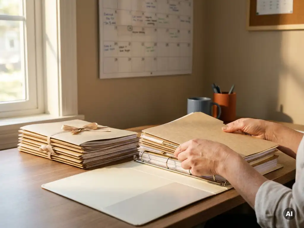 Payrolldossiers en personeelsdocumenten worden geordend in een open map op een modern kantoorbureau, met een wandkalender op de achtergrond.