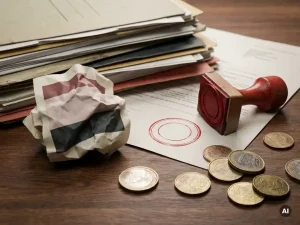 Verfrommeld loonstrookje naast financiële documenten op kantoorbureau, met rood stempel, euromunten en zachte kantoorverlichting.