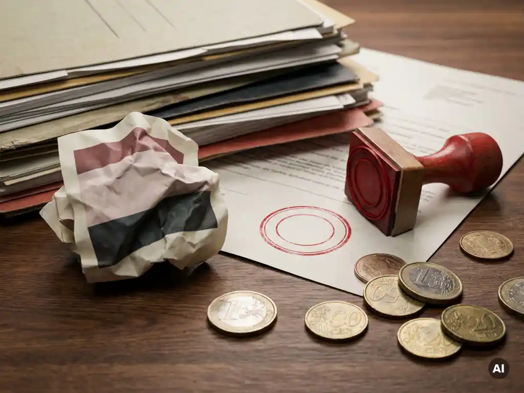 Verfrommeld loonstrookje naast financiële documenten op kantoorbureau, met rood stempel, euromunten en zachte kantoorverlichting.