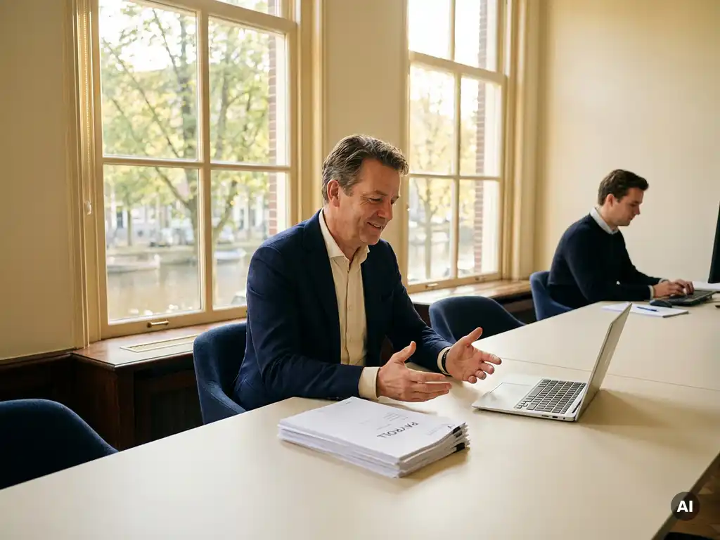 Zelfverzekerde ondernemer aan modern bureau met salarisadministratie documenten en laptop, kantoor met grote ramen in warm middaglicht.