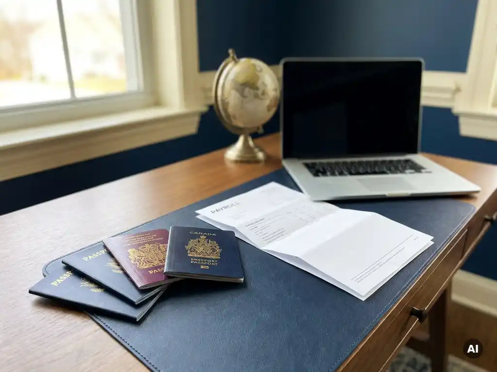 Meerdere nationale paspoorten uitgewaaierd naast een salarisadministratiedocument op een opgeruimd bureau met laptop en wereldbol.