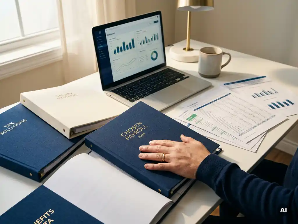 Salarisadministrateur vergelijkt loonadministratiesoftware via uitgespreide rapporten en mappen naast laptop op modern bureau.