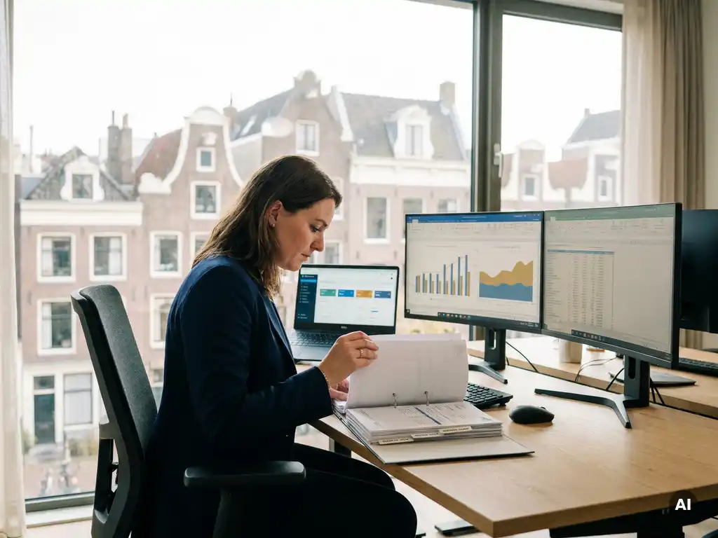 Salarisadministrateur in blazer bekijkt loonstroken op kantoor in Amsterdam met financiële dashboards op meerdere monitoren.