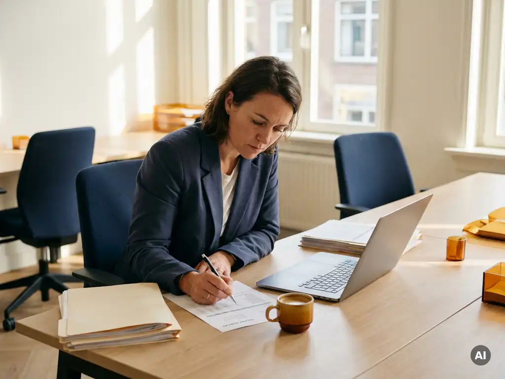 Salarisadministrateur bestudeert loonrapporten aan modern bureau met laptop, documenten en koffie in warm kantoorlicht.