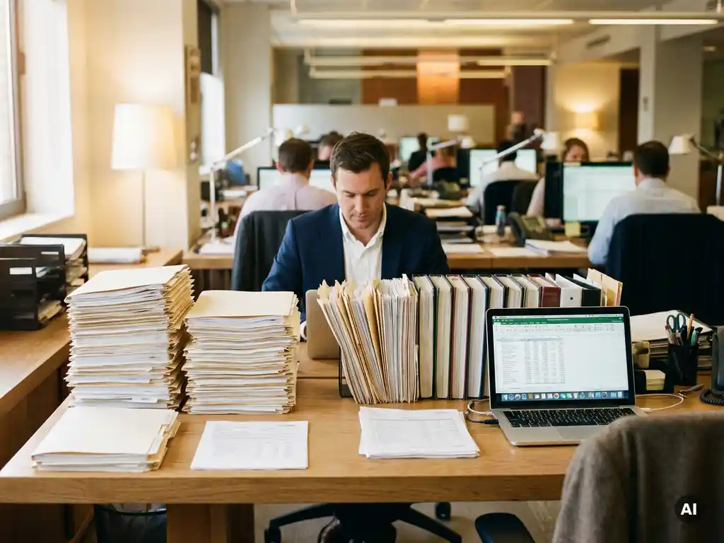 Salarisadministrateur aan bureau met stapels personeelsdossiers, loonstroken en laptop in modern open kantoor.