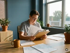 Salarisadministrateur bekijkt seizoensrooster op klembord, omringd door urenstaten en koffie op modern bureau in warm kantoorlicht.