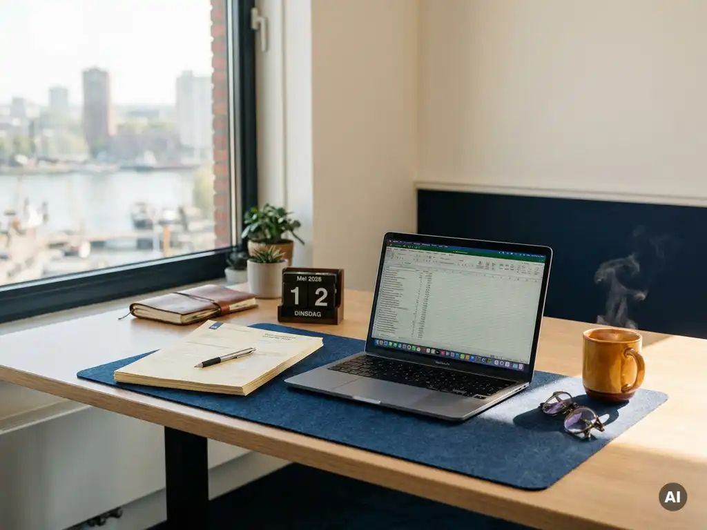 Nette bureauomgeving van een Nederlandse salarisadministrateur met belastingaangifte, laptop en kalender 2026 in Rotterdam.