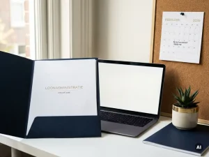Nette bureauopstelling van een salarisadministrateur met officieel document, 2026-kalender en laptop in marineblauw en goud.