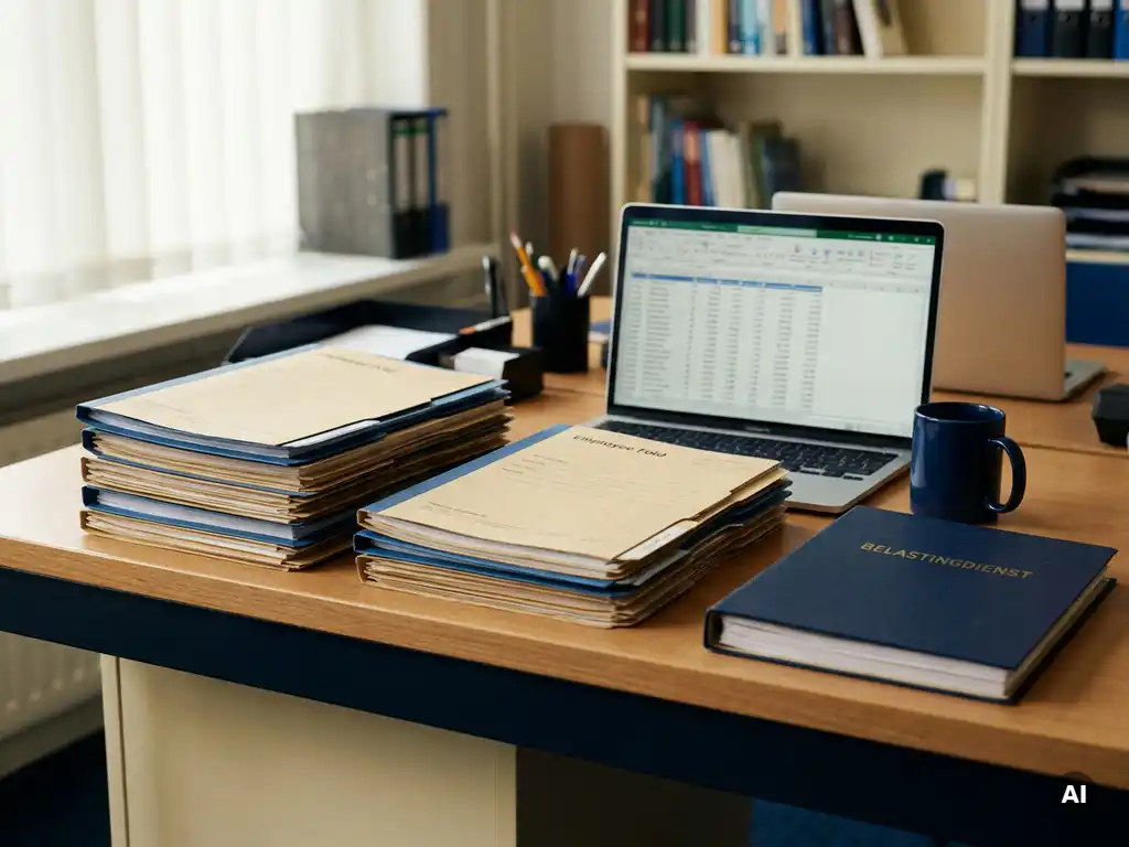 Payrollspecialist bureau met twee stapels personeelsdocumenten, laptop met spreadsheet en Nederlandse belastingmap in warm natuurlijk licht.