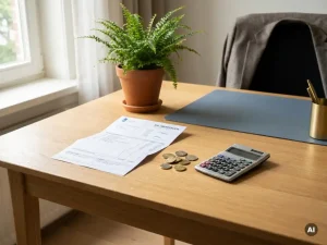 Salarisdocument naast euromunten en rekenmachine op bureau van Nederlandse salarisadministrateur, groene plant op achtergrond.