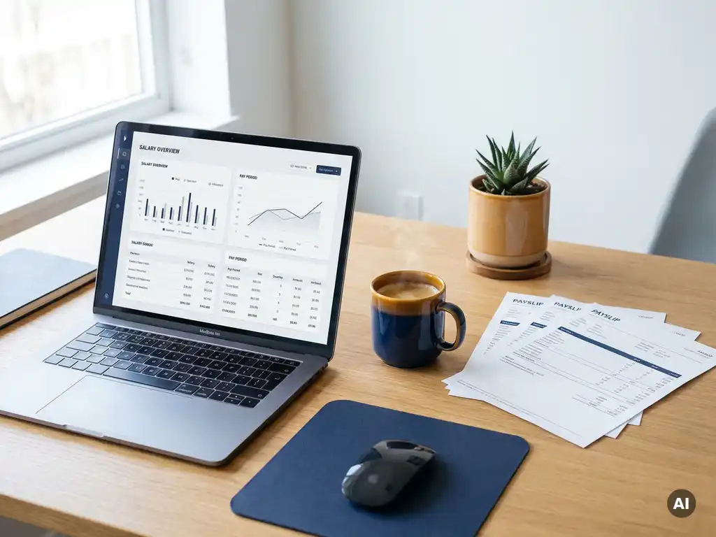 Salarisadministrateur bureau met laptop waarop een salarisdashboard zichtbaar is, loonstroken, koffie en een plant.