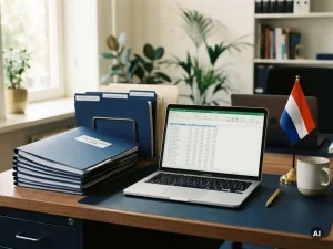 Salarisadministrateur bureau met personeelsmappen, laptop met spreadsheet en Nederlandse vlag in professioneel kantoor.