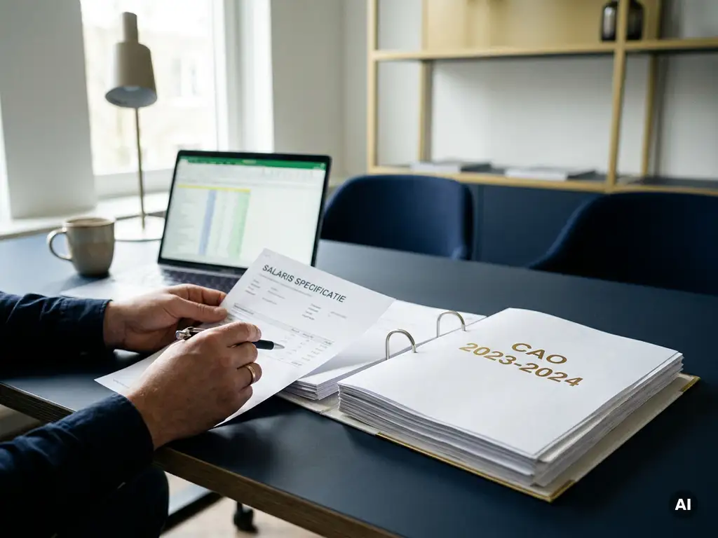 Salarisadministrateur controleert loonstrook naast cao-map met laptop op de achtergrond in modern Nederlands kantoor.