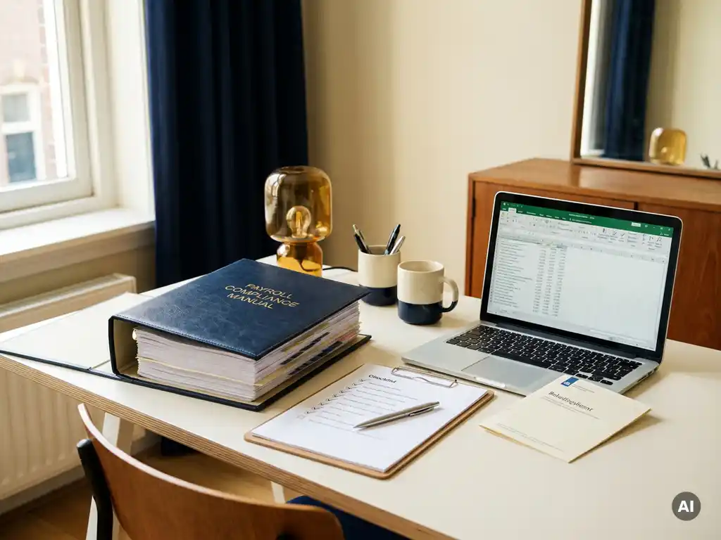 Bureau van salarisadministrateur met opengeslagen compliance-map, checklist en laptop met spreadsheet, verlicht door natuurlijk raamlicht.