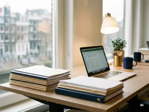 Twee stapels salarisadministratie en arbeidscontracten op een modern bureau in Amsterdam, met een open laptop ernaast.