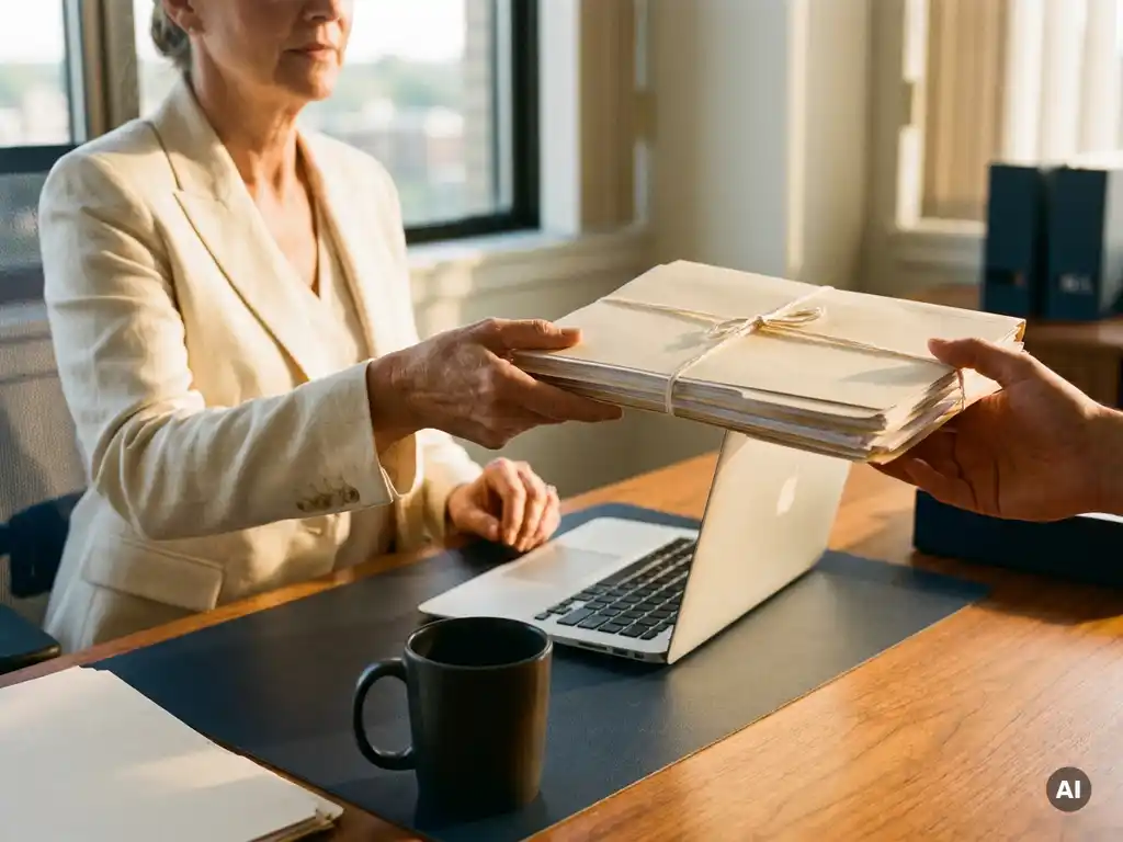 Ondernemer overhandigt salarisadministratie documenten aan professional aan modern bureau met laptop en koffiekopje.