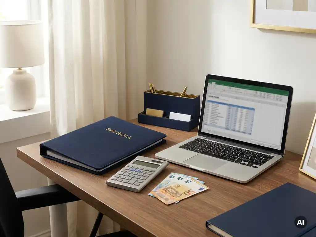 Payrolldocument, rekenmachine en eurobiljetten op een modern bureau naast een open laptop.