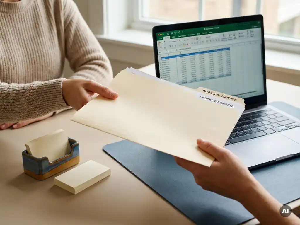 Salarisadministratie map die wordt overhandigd op een modern kantoorbureau met laptop en visitekaarthouder.