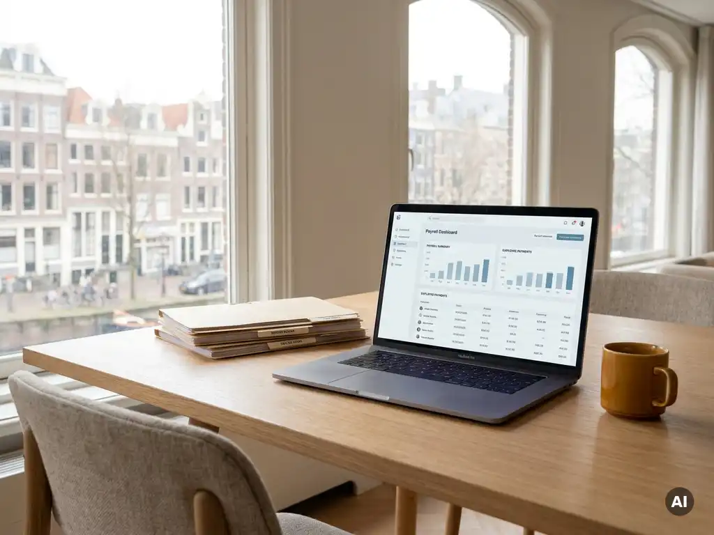 Laptop met salarisadministratie-dashboard op modern Nederlands kantoorbureau, omringd door personeelsdossiers en koffie in natuurlijk licht.