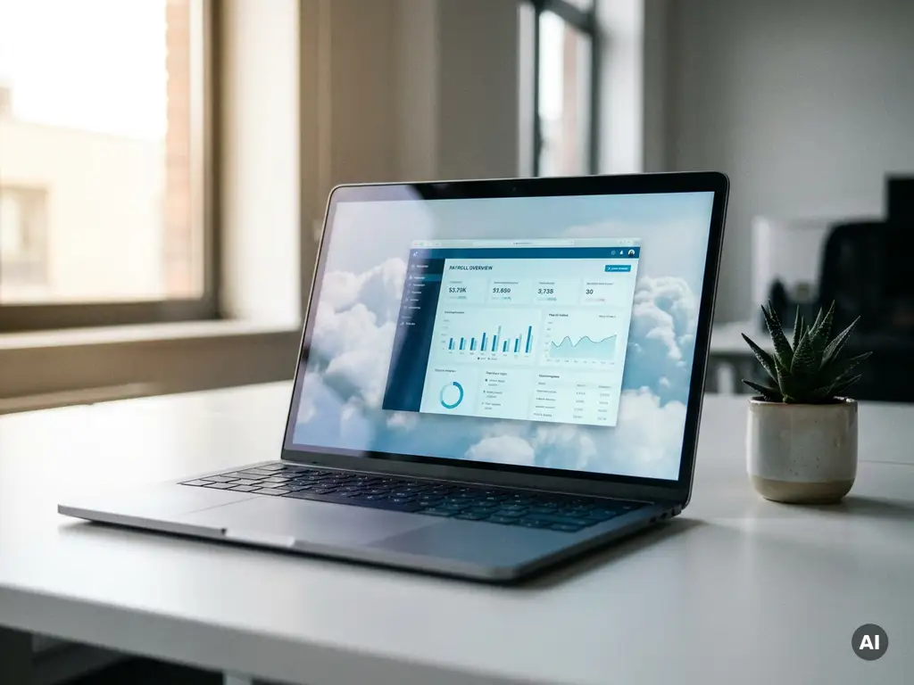 Laptop op modern bureau met verlicht salarisadministratie-dashboard, klein succulent ernaast, natuurlijk raamlicht en zilveren tinten.