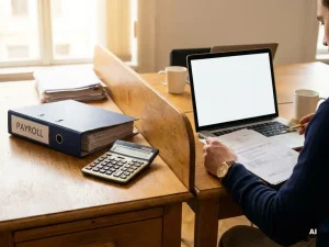 Kantoorbureau met salarisadministratie-ordner en rekenmachine naast laptop waarop professional documenten bekijkt, warm natuurlijk licht.
