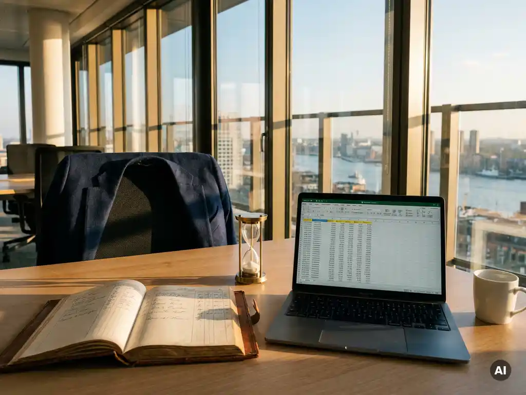Payrollspecialist bureau met laptop met salarisoverzichten, leren grootboek en zandloper in modern Rotterdams kantoor met daglicht.