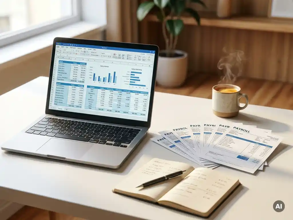 Payrollspecialist bureau met laptop met salarisdata, uitgewaaierde loonstroken, koffie en notitieboek in warm natuurlijk licht.