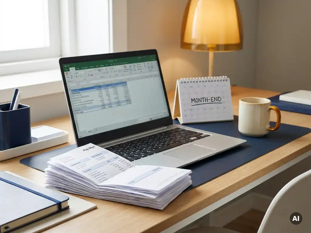 Salarisadministrateur bureau met loonstroken, laptop met spreadsheet en bureaukalender op maandeinde, zachte natuurlijke belichting.