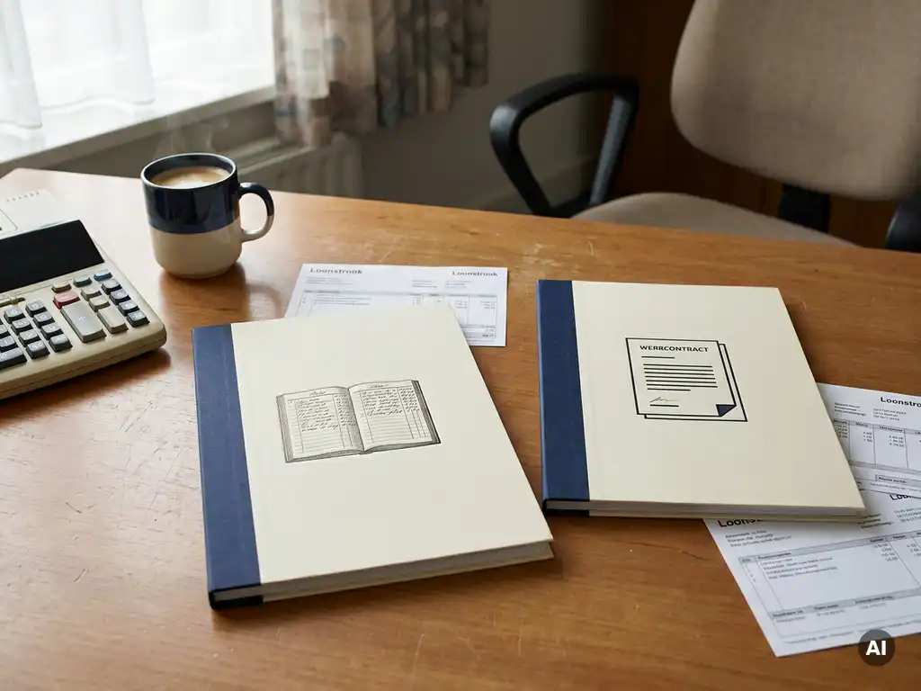 Opgeruimd Nederlands salariskantoor bureau met twee documentmappen, rekenmachine, koffiemok en loonstroken in warm crème en marineblauw.