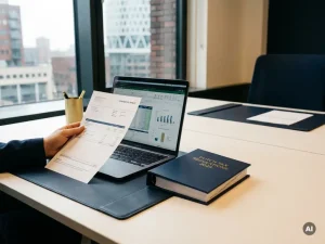 Salarisadministrateur houdt loonstrook vast aan bureau met laptop en Nederlandse belastinggids in modern Rotterdams kantoor.