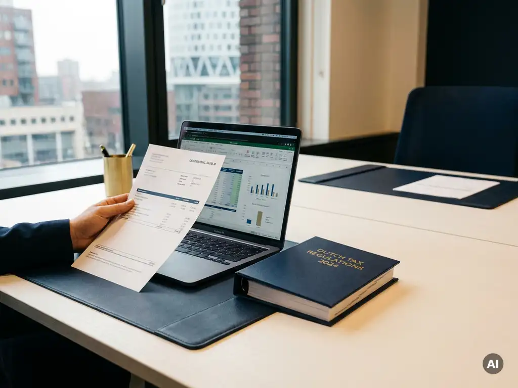 Salarisadministrateur houdt loonstrook vast aan bureau met laptop en Nederlandse belastinggids in modern Rotterdams kantoor.