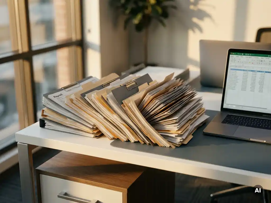 Stapel salarisadministratiemappen op modern bureau naast open laptop, verlicht door warm natuurlijk raamlicht.
