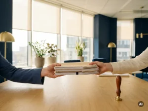 Stapel salarisadministratiemappen die van hand tot hand gaan op een zakelijk bureau, met een bedrijfsstempel en natuurlijk daglicht.