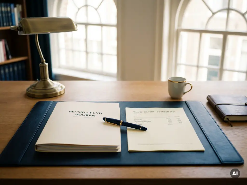 Salarisrapport en pensioendossier op een opgeruimd bureau met vulpen, warm Nederlands kantoor in ochtendlicht.