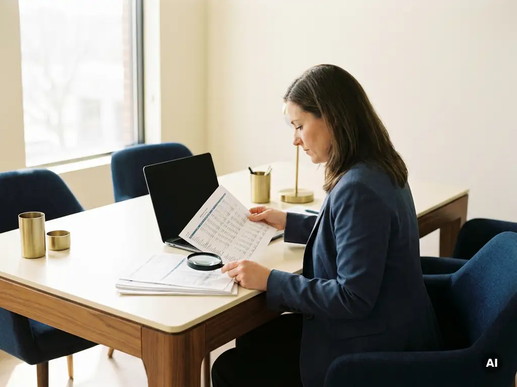Salarisadministrateur bestudeert financieel document aan modern bureau met vergrootglas op loonrapport en laptop, kantoorlicht.