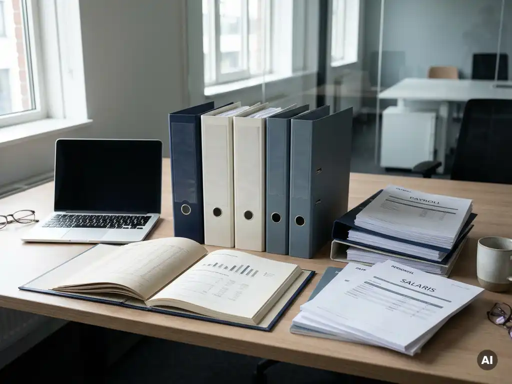 Drie salarissoftware-overzichten als mappen en rapporten uitgewaaierd op een modern kantoorbureau met laptop.