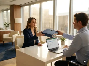 Salarisadministrateur overhandigt georganiseerde loonmap aan ondernemer aan modern bureau met laptop, warm natuurlijk licht.