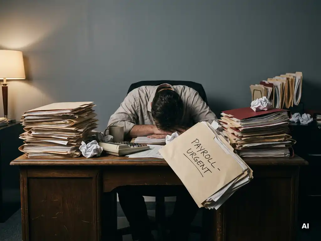 Gestresste ondernemer gebogen over een rommelig bureau vol stapels salarisadministratie, calculator en verfrommelde documenten.