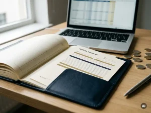 Loonrapport dat in een boekhoudkundig grootboek schuift op modern bureau, met euromunten, pen en laptop op de achtergrond.