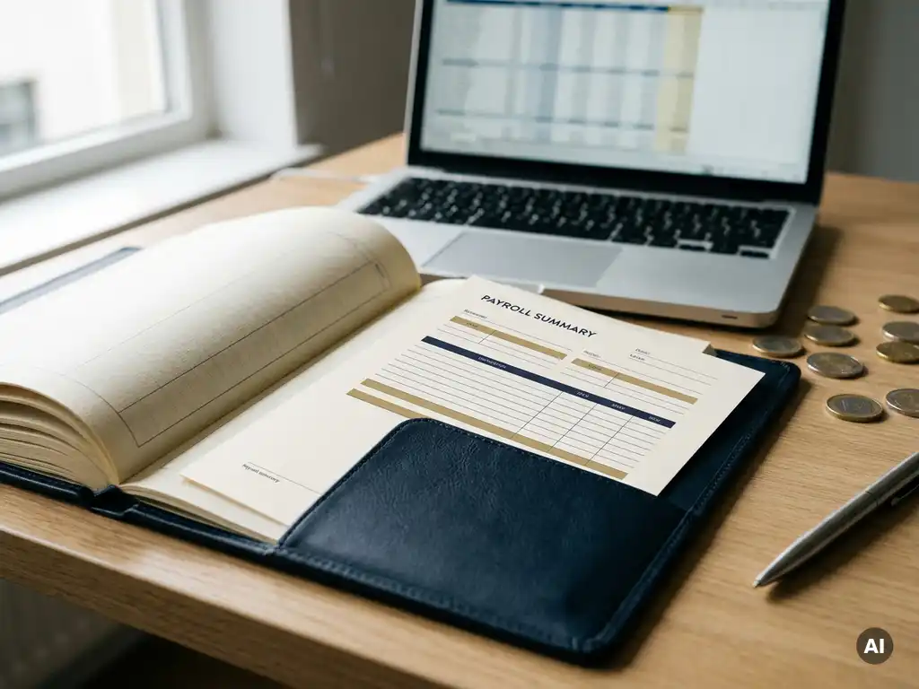 Loonrapport dat in een boekhoudkundig grootboek schuift op modern bureau, met euromunten, pen en laptop op de achtergrond.