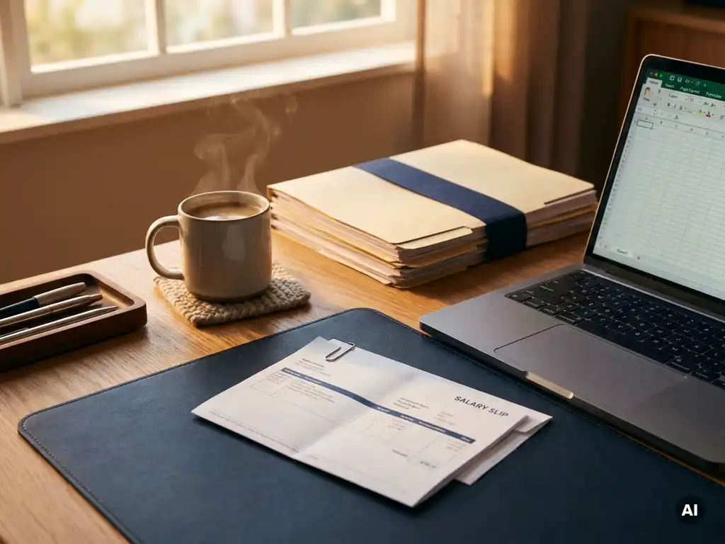 Salarisadministrateur bureau met loonstrook, laptop en officiële documenten naast dampende koffie in warm kantoorlicht.